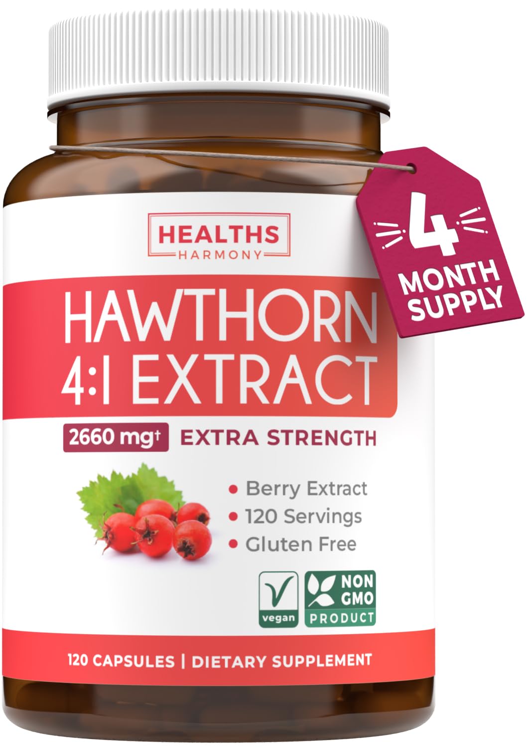 Super Potent Hawthorn Berry Extract Capsules - Hawthorn Berry Supplement Made from Extra Strength Concentrate to Support Heart and Digestive Health - Vegan Non-GMO & Gluten Free (4 Month Supply)