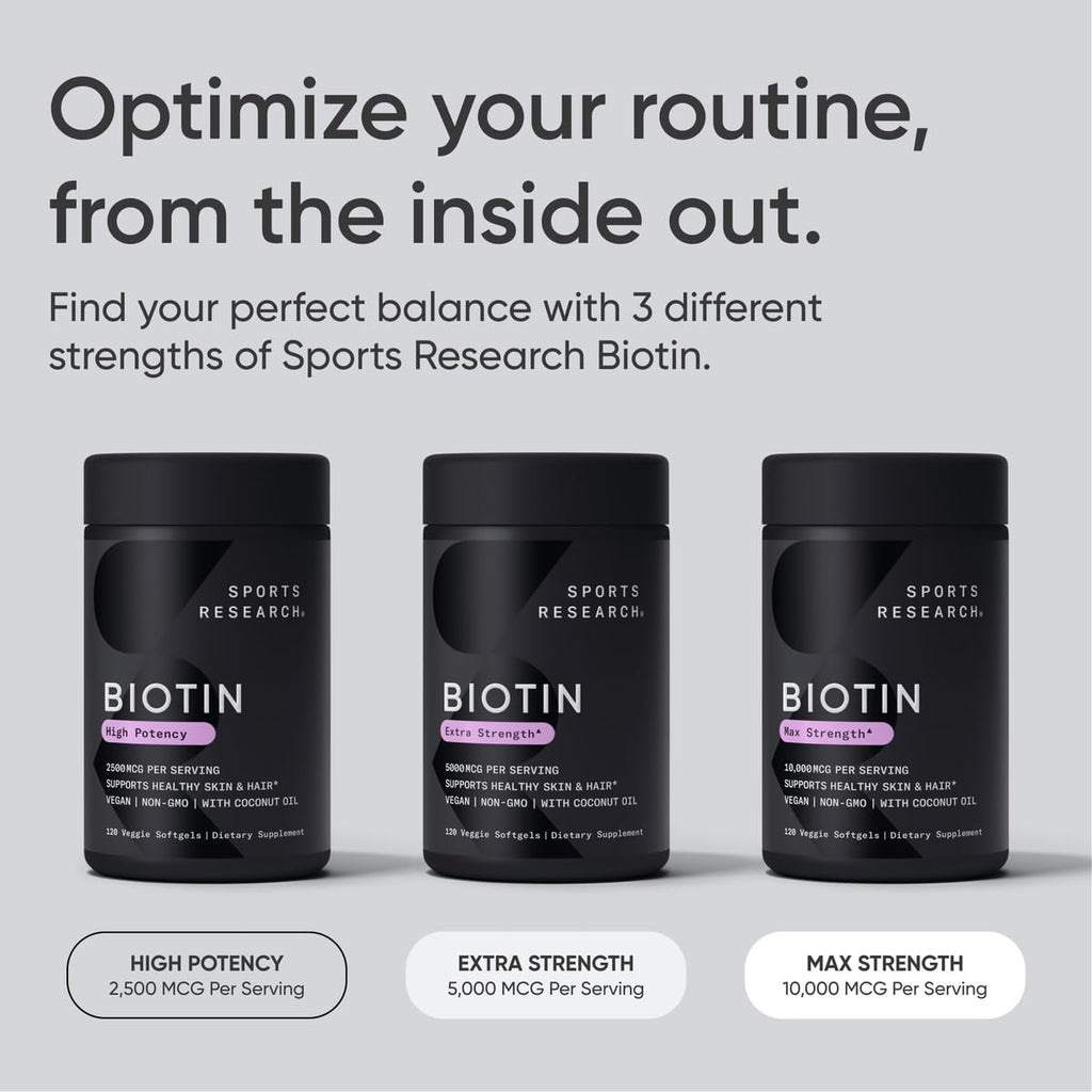 Sports Research® Biotin 10,000mcg with Organic Coconut Oil - Biotin (Vitamin B7) for Healthy Skin and Hair Support* - for Women and Men - Vegan, Non-GMO, Gluten & Soy-Free - 120 Veggie Softgels