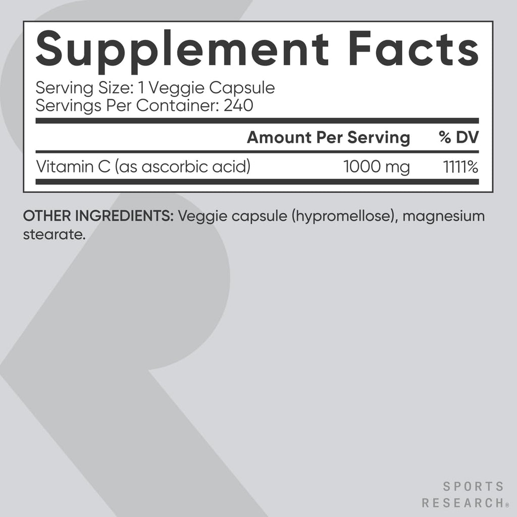 Sports Research High Potency Vitamin C Supplement - Vegan Veggie Capsules for Antioxidant Activity & Immune Support - Non-GMO Verified & Gluten Free - Ascorbic Acid Vitamin C 1000mg, 240 Count