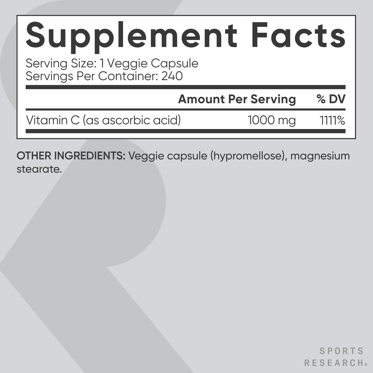 Sports Research High Potency Vitamin C Supplement - Vegan Veggie Capsules for Antioxidant Activity & Immune Support - Non-GMO Verified & Gluten Free - Ascorbic Acid Vitamin C 1000mg, 240 Count
