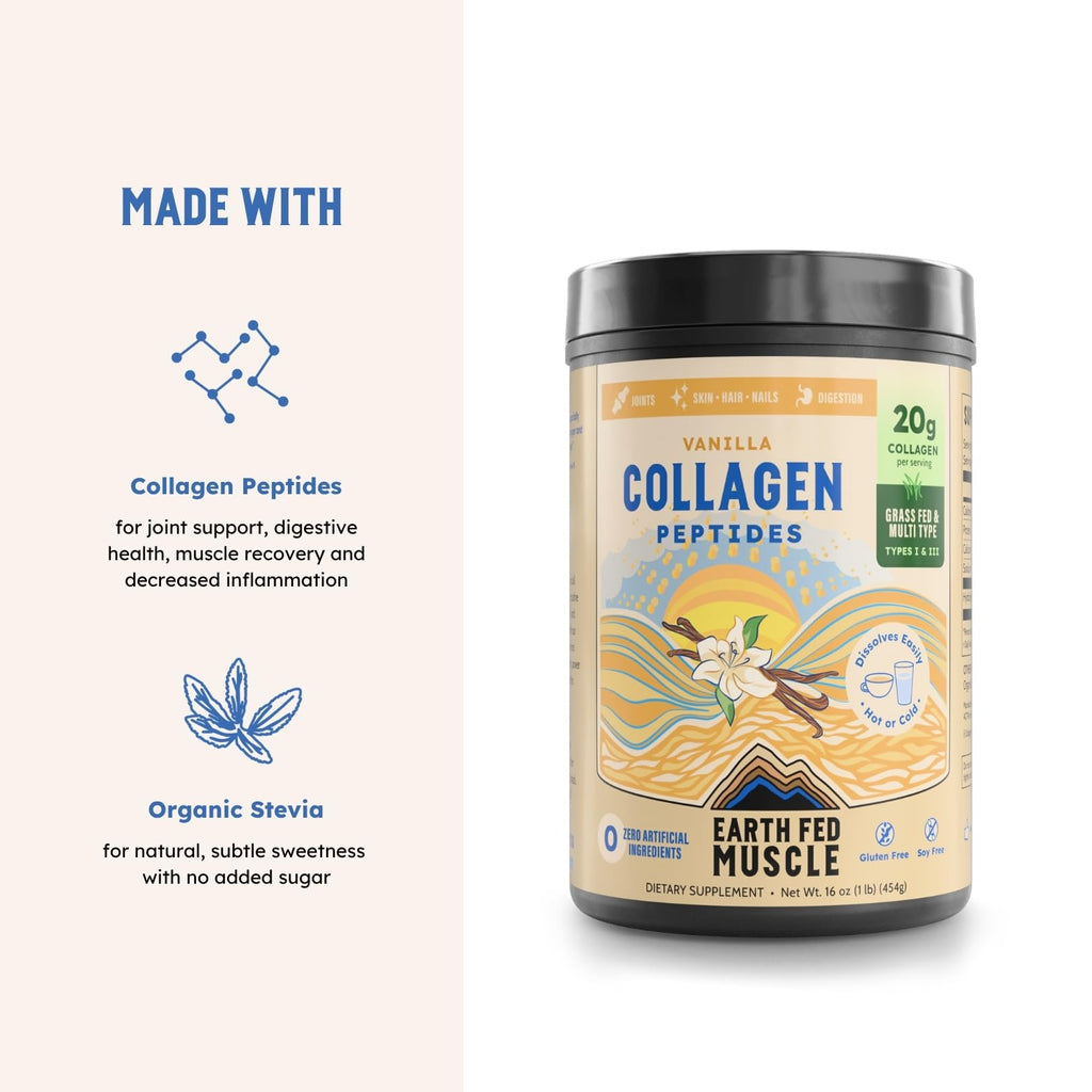 Earth Fed Muscle Collagen Peptides, Unflavored, 23 Servings | Third-Party Certified, 20g Protein, Grass Fed, Non-GMO, Hormone Free, Gluten Free, Multi-Type