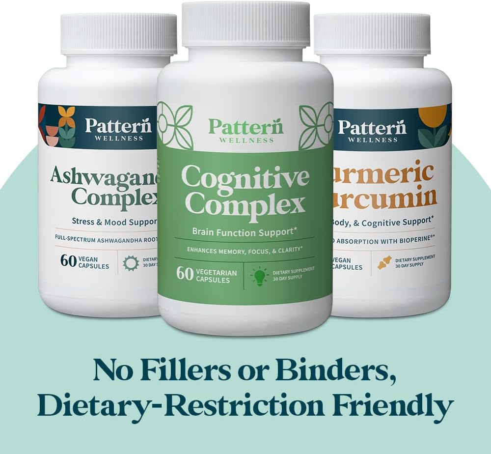 Pattern Wellness Cognitive Health Bundle - Cognitive Complex, Turmeric Curcumin, & Ashwagandha - Brain Function Support - 3 Pack, All-Natural, Plant-Based Formulas