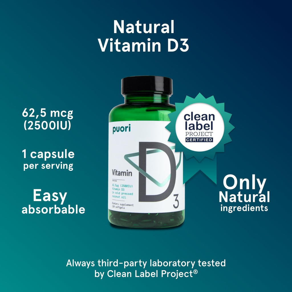 Puori Vitamin D3 Softgels, 2500 IU (62.5 mcg) - Fast Absorbing Vitamin D3 Supplements for Immune System Support, Bone Health & Density and Healthy Muscle Functions - Non-GMO & Gluten-Free - 120 Count