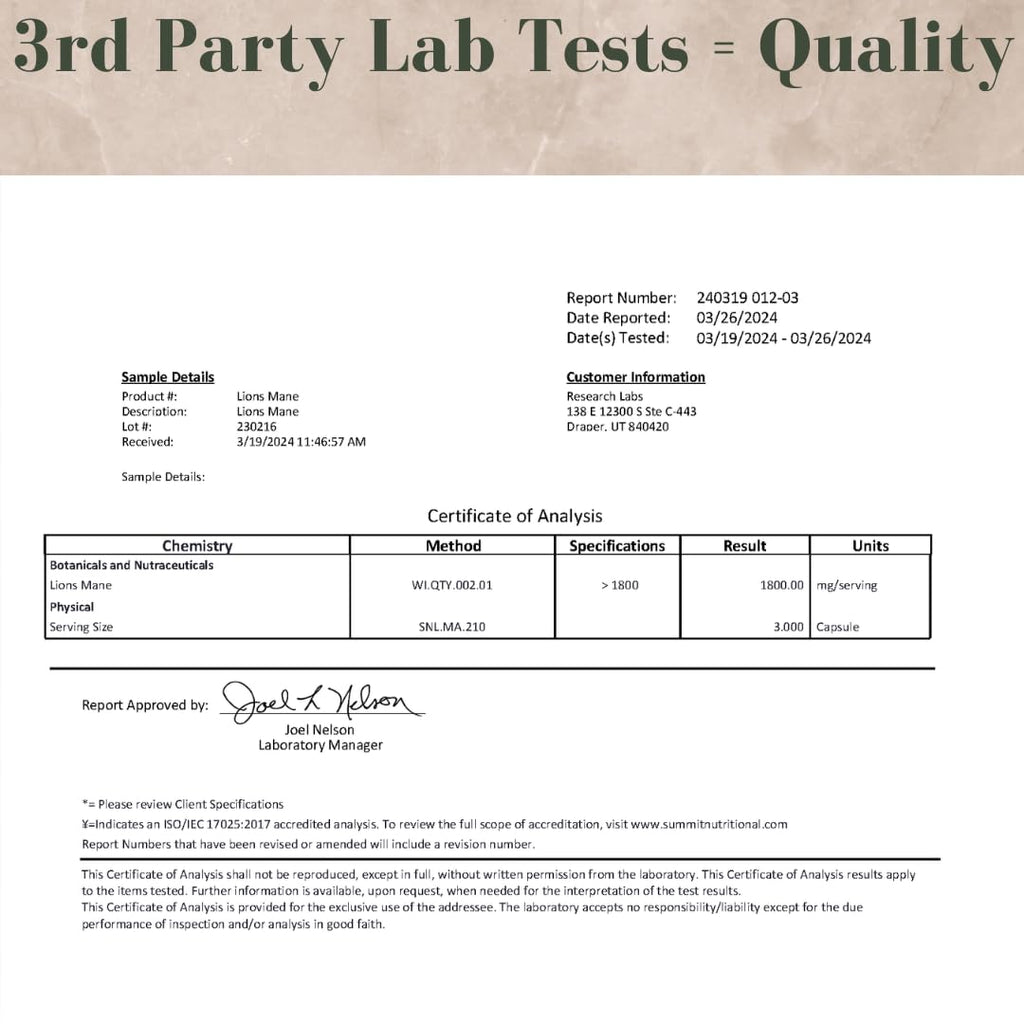 Research Labs Organic Lions Mane Supplement Capsules, 2 Fer 1 Ad - 240 Capsules w/Patent Litropane™ Immune System Booster Nootropic Brain Support Mushroom Supplement. Concentrated & Purified Extract