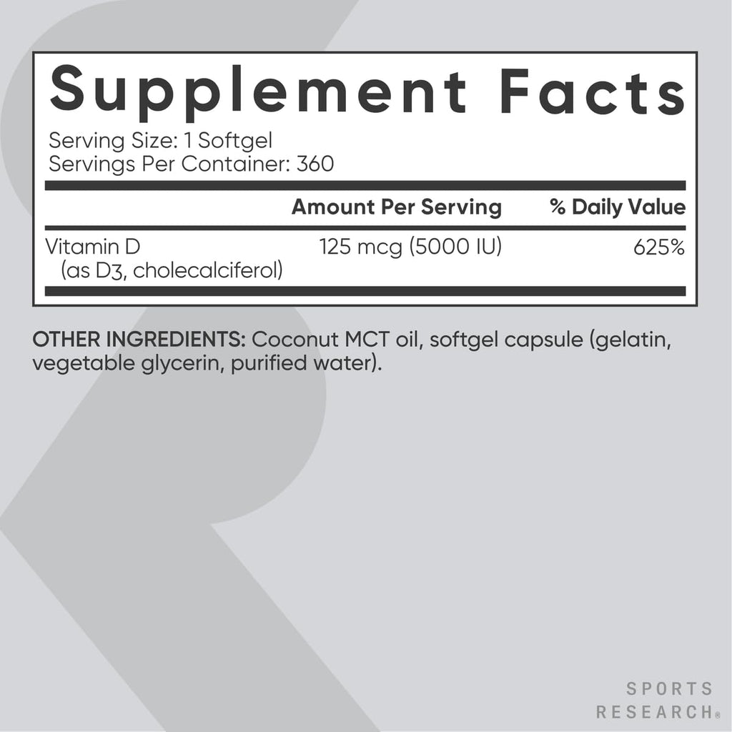 Sports Research Vitamin D3 5000 IU with Coconut MCT Oil - High Potency Vitamin D Supplement for Immune & Bone Support - Non-GMO Verified, Gluten & Soy Free – 125mcg, 360 Liquid Softgels