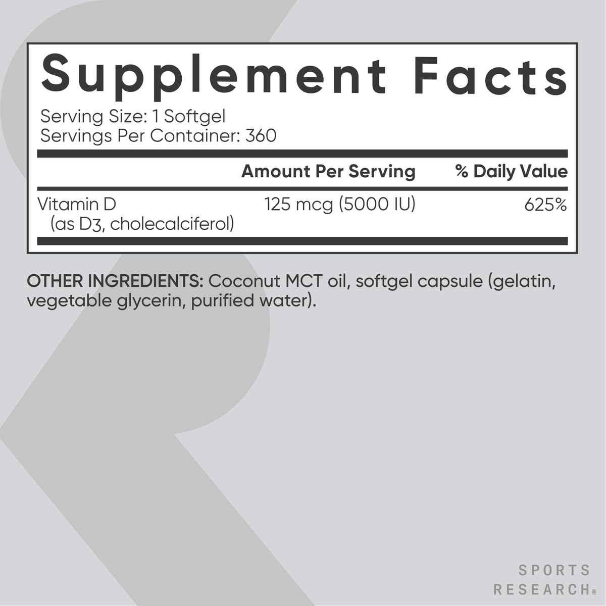 Sports Research Vitamin D3 5000 IU with Coconut MCT Oil - High Potency Vitamin D Supplement for Immune & Bone Support - Non-GMO Verified, Gluten & Soy Free – 125mcg, 360 Liquid Softgels