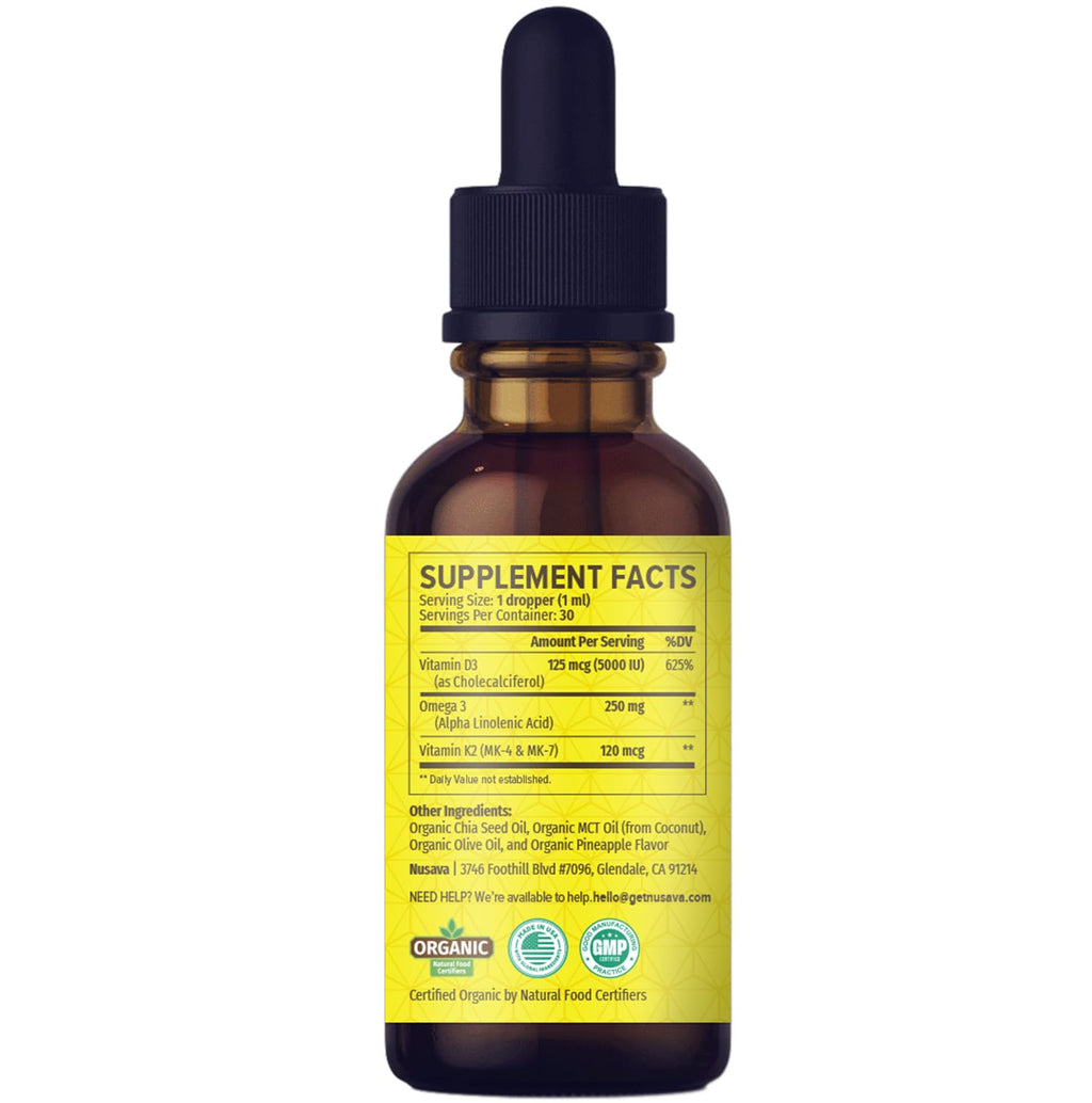(2 Pack) Organic Vitamin D3 K2 Drops with MCT Oil & Omega 3 - Liquid Vitamin D3 5000 IU - K2 D3 Vitamin Supplement - Vitamin D Drops for Women & Men - No Fillers, Non-GMO, GMP, Unflavored (2 Fl Oz)