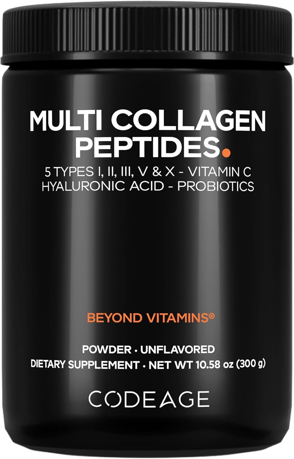 Codeage Multi Collagen Peptides Powder + Probiotics Black Edition, Vitamin C, Hyaluronic Acid Powder Supplement, Grass-Fed, Hydrolyzed, Zero Carbs, Type I, II, III, V & X, Unflavored, 10.58oz