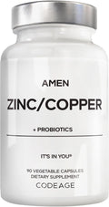 Amen Zinc & Copper Supplement + Probiotics, 3 Months Supply, One Per Day - 50 mg Zinc Picolinate Vitamin Pills - Essential Minerals Supplements – 2 Billion CFUs Probiotic – Vegan, Non-GMO, 90 Capsules