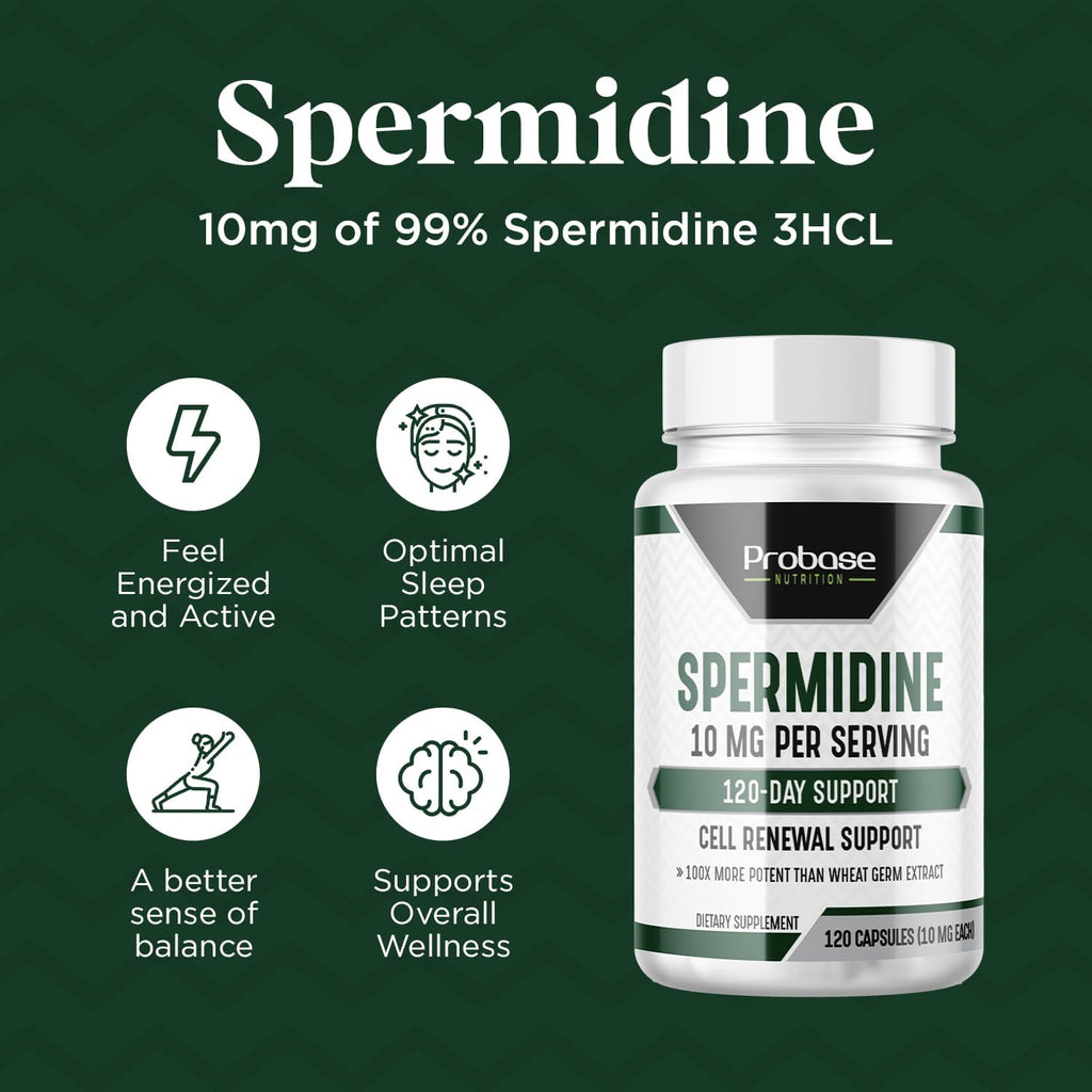 Probase Nutrition Spermidine (10mg of 99% Spermidine 3HCL - Third Party Tested) 120 Capsules - 100x More Potent Than Wheat Germ Extract, Telomere Health and Aging 120-Day Supply - As efficient as NMN