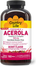 Country Life Acerola Vitamin C Complex 500 mg Chewable Wafers, 180 Count