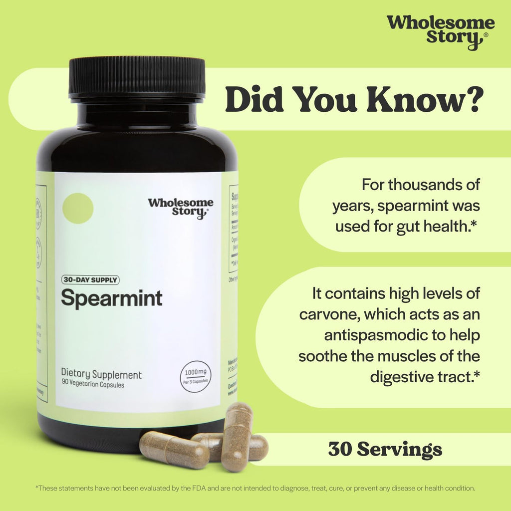 Wholesome Story Spearmint Capsules Supplement | 1000mg Spearmint Leaf | 333.33mg Per Capsule | Supports Hormones, Digestion & Gut | Mentha Spicata | 30-Day Supply