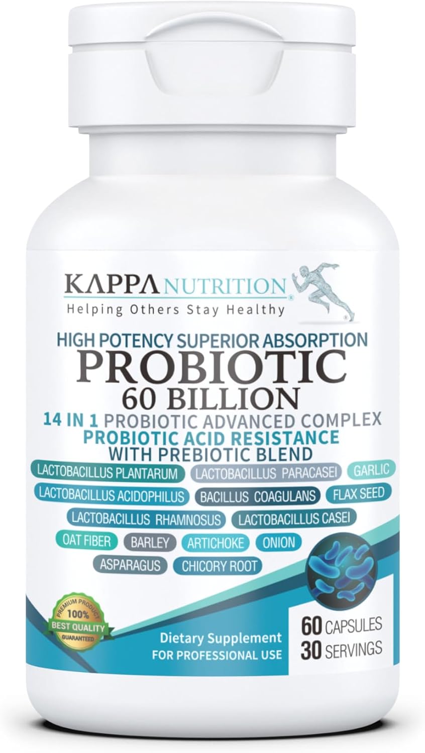 KAPPA NUTRITION Probiotic 60 Billion CFU 14 in 1 Formula with Prebiotics & Acidophilus for Women, Men & Adults, Shelf Stable, Acid Resistant, Natural Supplement 60 Capsules.