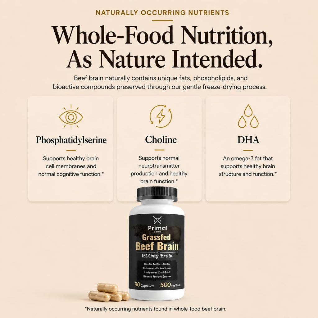 Primal Being Grassfed Beef Brain, Supports Memory, Mood, Focus, Energy, Cognitive Health - 90 Capsules, 1500mg per Serving