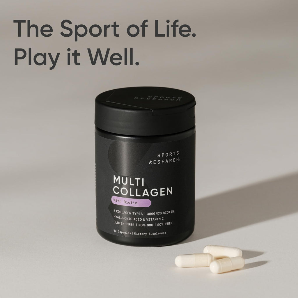 Sports Research® Multi Collagen Pills for Women & Men - Collagen Peptides (Type I, II, III, V, X) Enhanced with Hyaluronic Acid & Vitamin C - Gluten Free · Non-GMO - 90 Capsules