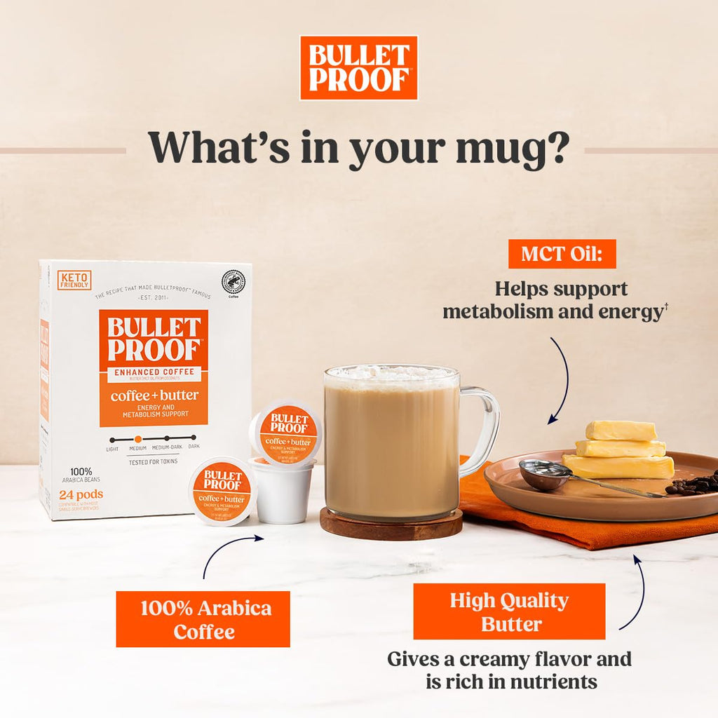 Bulletproof Coffee + Organic Grass-Fed Butter Single-Serve Pods, Keto Coffee, All-in-One Recipe with MCT Oil and Butter, 24 Count