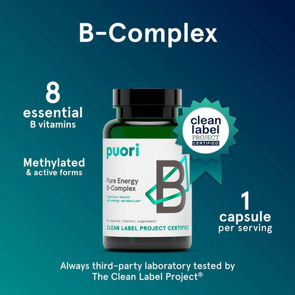 Puori Pure Energy Vitamin B-Complex with 8 Essential Vitamins - Active & Methylated B Vitamins (Thiamin, Riboflavin, Niacin, B6, Folate & B12) - Biotin, Inositol, Pantothenic Acid & Choline