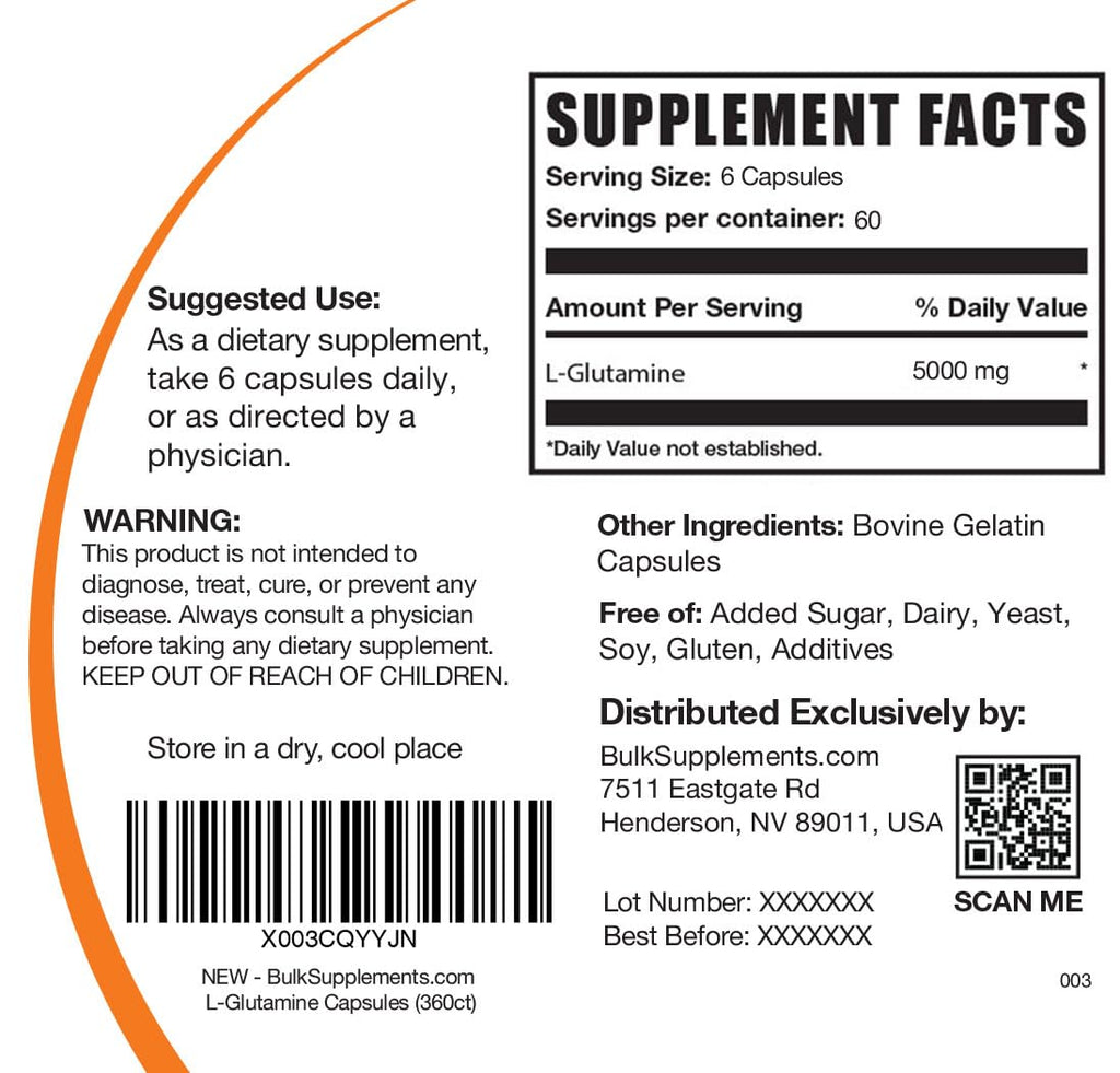 BulkSupplements.com L-Glutamine Capsules - Glutamine Supplement, Amino Acid Supplement - Gluten Free, 6 Capsules per Serving (5000mg), 360 Count (Pack of 1)