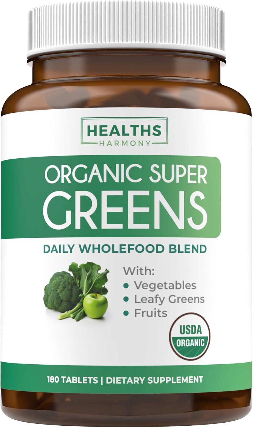 USDA Organic Super Greens Supplement - Organic Greens Fruits and Vegetable Supplement for Adults with 28 Superfood Complex with Superfruits Roots Herbs & More - Vegan & Non-GMO (Up to 3 Month Supply)