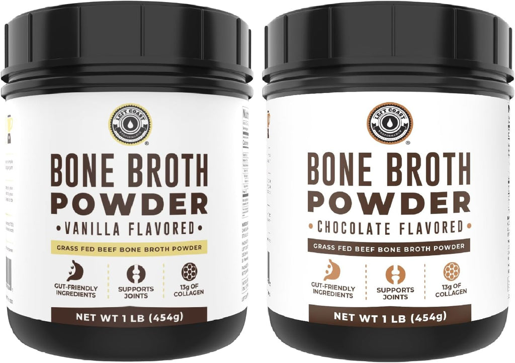 Left Coast Performance Vanilla Bone Broth Protein Powder, 16oz + Chocolate Bone Broth Protein Powder 16oz