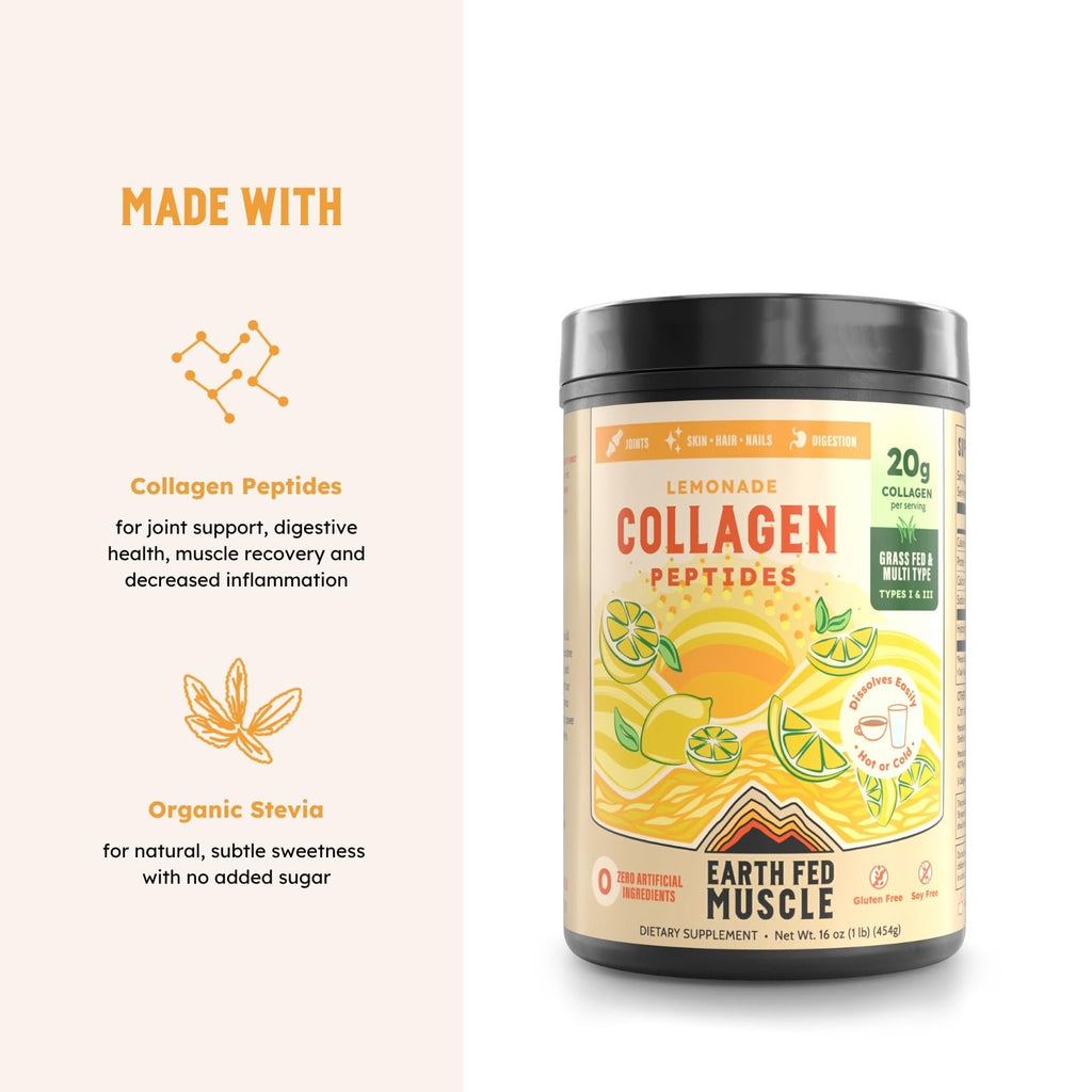 Earth Fed Muscle Collagen Peptides, Unflavored, 23 Servings | Third-Party Certified, 20g Protein, Grass Fed, Non-GMO, Hormone Free, Gluten Free, Multi-Type