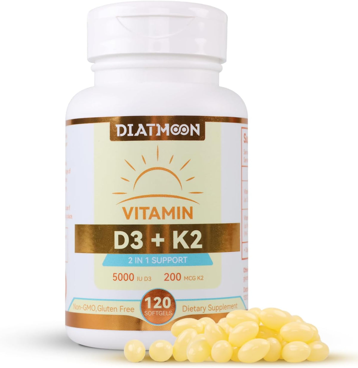 Vitamin D3 K2 Supplement Softgels, Vitamin D3 5000 IU & Vitamin K2 MK7 200 mcg, Bone & Teeth Support, Easy to Swallow - 120 Counts