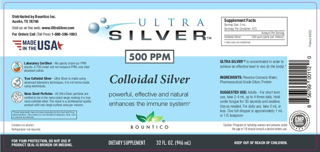 Ultra Silver® Colloidal Silver | 500 PPM, 32 Oz (946mL) | Mineral Supplement | True Colloidal Silver - 4 oz Dropper Bottle (Empty) Included for Dispensing!