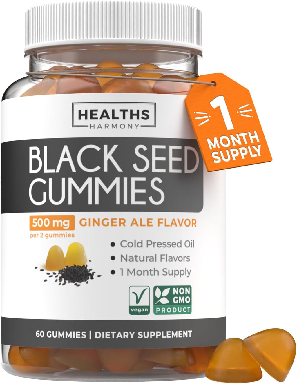 Black Seed Oil Gummies - Natural Ginger Ale Flavor (Non-GMO & Vegan) Cold-Pressed Nigella Sativa Producing Pure Black Cumin Seed Oil - 500mg Per 2 Gummy Serving