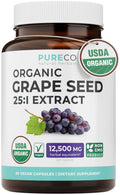 PURE CO USDA Organic Grape Seed Extract - High Potency 25:1 Grapeseed Supplement with 12,500mg Herbal Equivalent Strength - Antioxidant Support - Vegan & Non-GMO (4 Month Supply)
