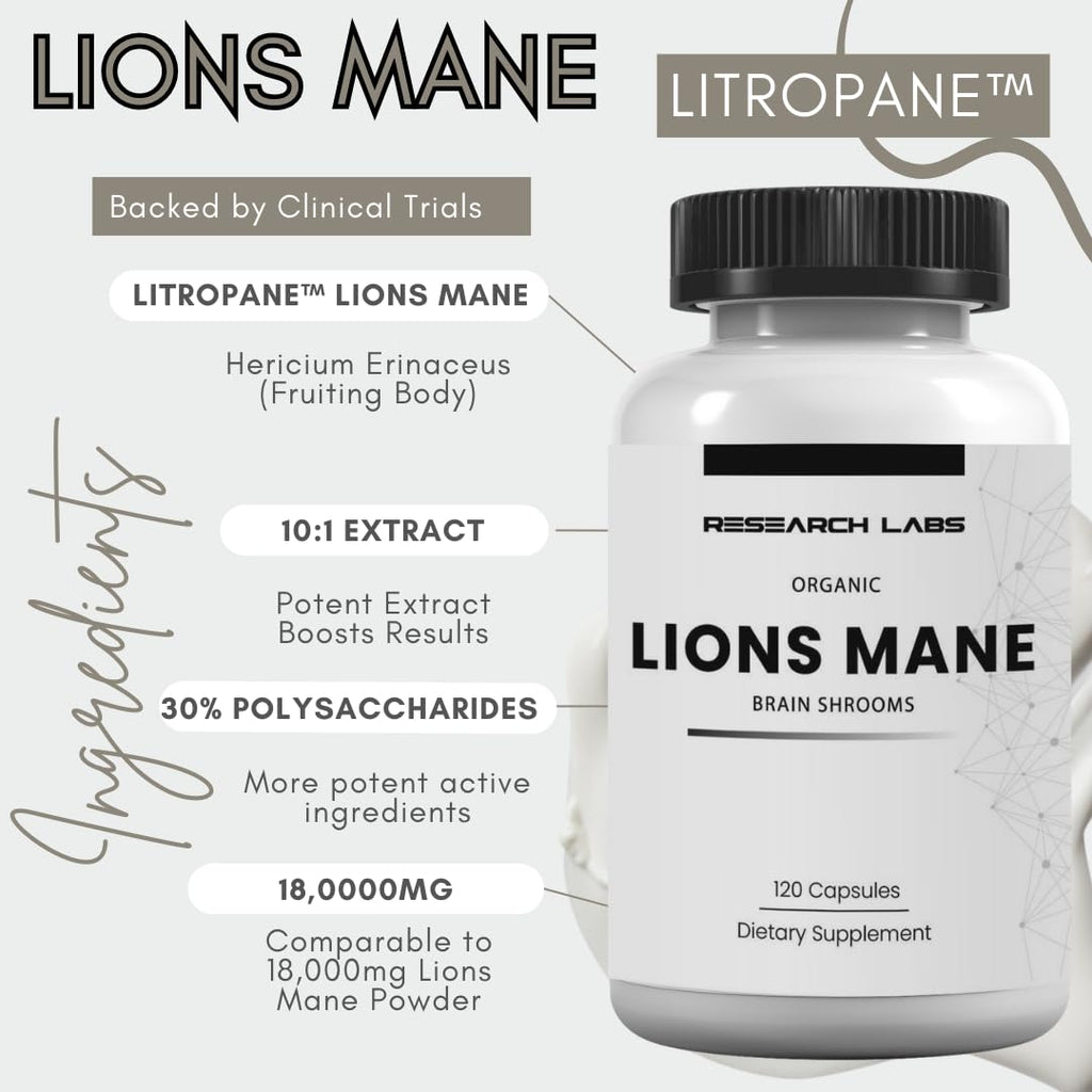Research Labs Organic Lions Mane Supplement Capsules, 2 Fer 1 Ad - 240 Capsules w/Patent Litropane™ Immune System Booster Nootropic Brain Support Mushroom Supplement. Concentrated & Purified Extract