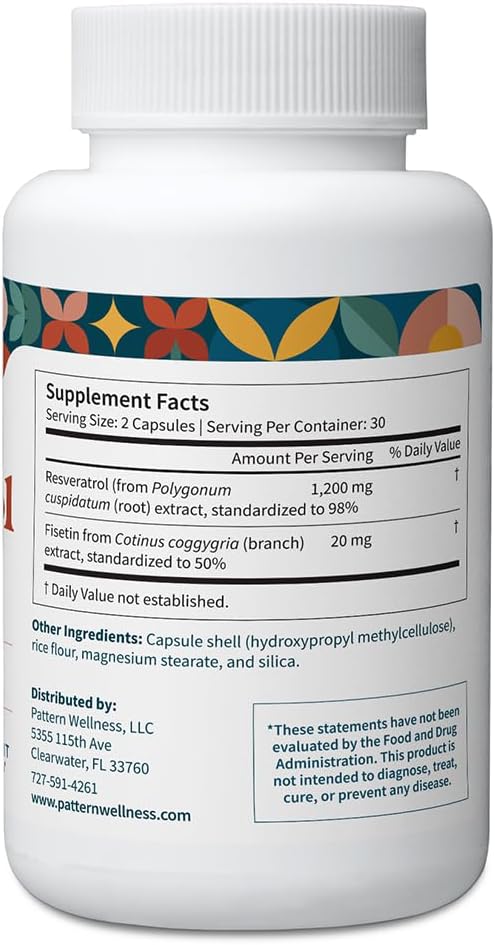 Pattern Wellness Resveratrol with Fisetin – Supports Cellular, Heart & Immune System Health – Promotes Antioxidant Protection – Vegan, Non-GMO, Gluten-Free – 60 Capsules