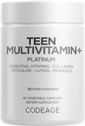 Codeage Teen Multivitamin+ Platinum Supplement - Vitamins A, C, D3, E, B6, B12, Minerals, Probiotics, Citicoline, Collagen, Bone Broth, Folate, Biotin, Lutein, Zeaxanthin - Non-GMO - 60 Capsules