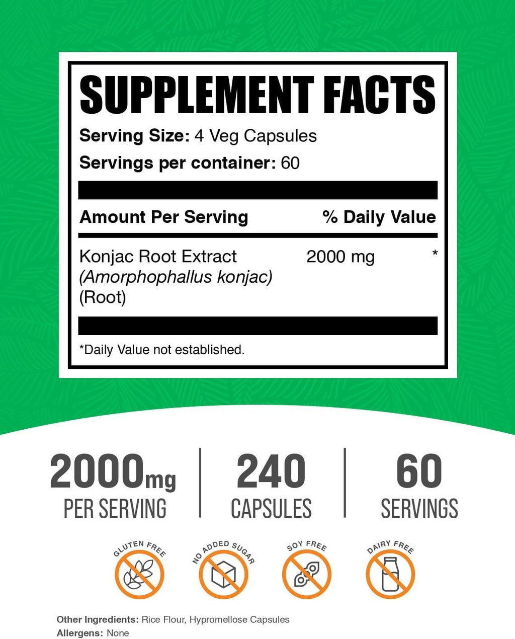 BulkSupplements.com Glucomannan Capsules - as Konjac Root Extract, Glucomannan Supplements, Herbal Supplement - Gluten Free, 4 Capsules per Serving, 240 Count (Pack of 1)