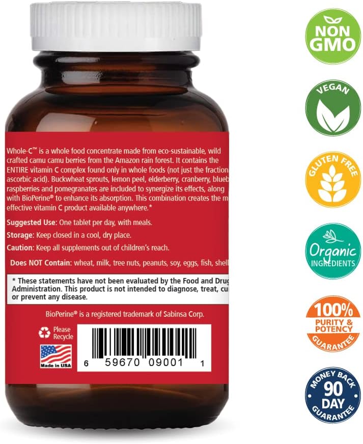 PURE ESSENCE LABS Whole-C Whole Food Vitamin C - Best Immune Support - Organic & Nature Vitamins - Immunity Booster & Dietary Supplements (30 Tablets)