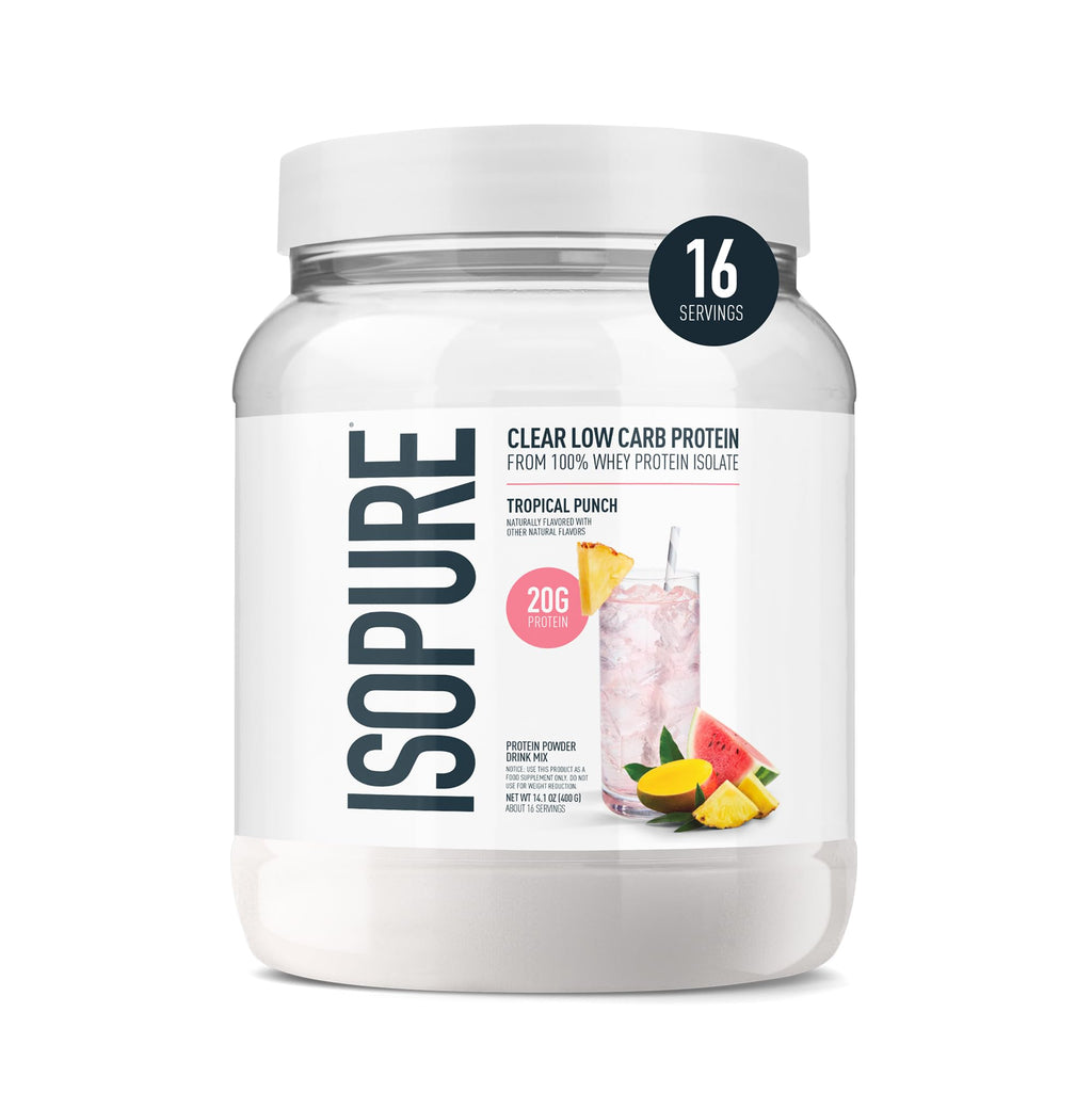 Isopure Clear Whey Isolate Protein Powder, Lactose Free, Gluten Free, Naturally Flavored, Tropical Punch, 20g Protein Per Serving, 14.1 Oz, 16 Servings (Packaging May Vary)