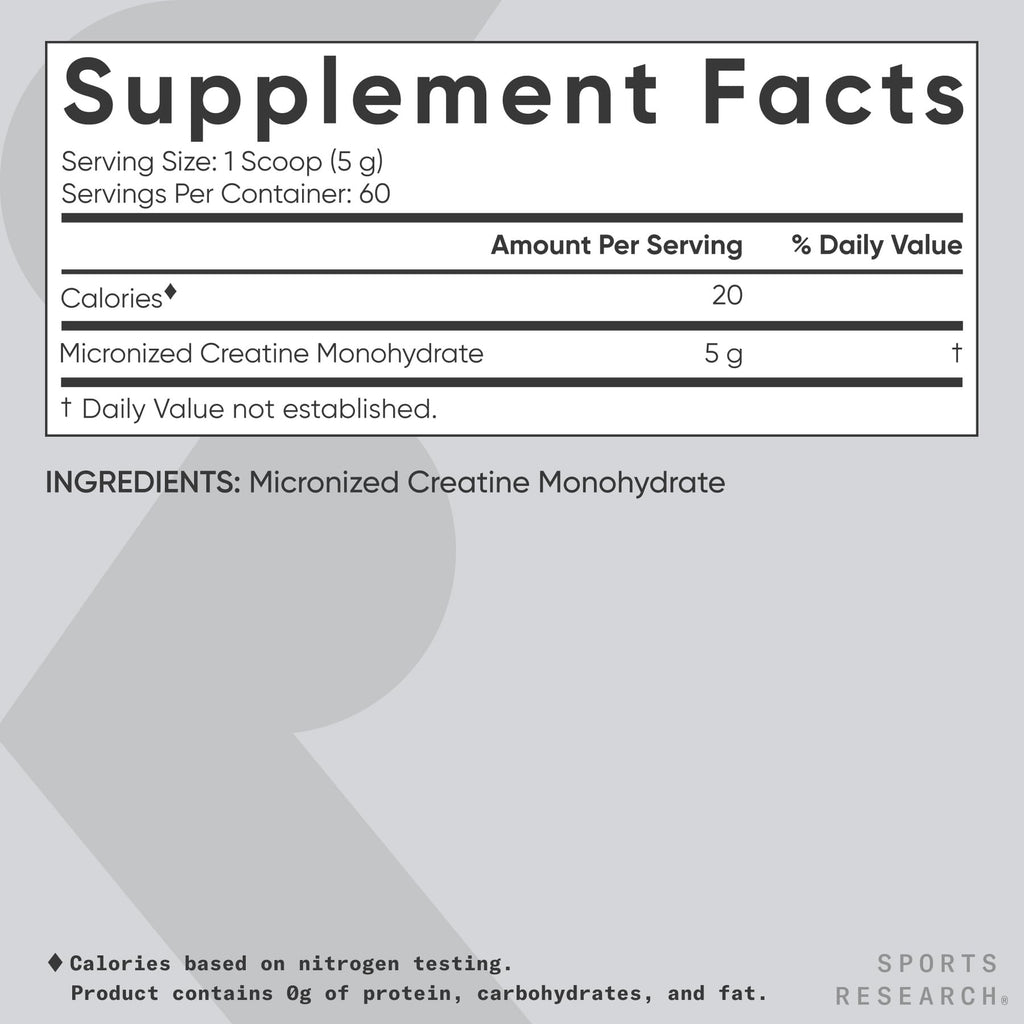 Sports Research Creatine Monohydrate - Gain Lean Muscle, Improve Performance and Strength and Support Workout Recovery* - 5 g Micronized Creatine - 17.64 oz