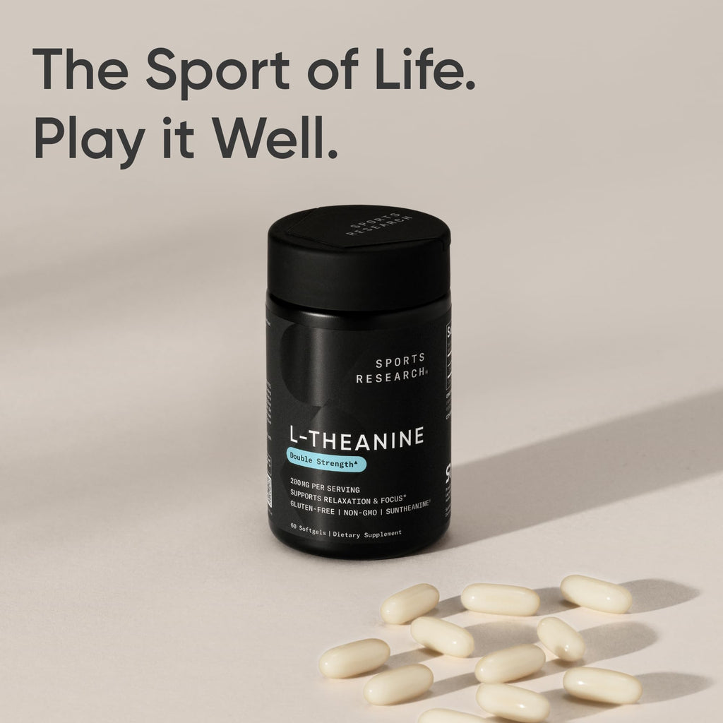 Sports Research Double Strength L-Theanine Supplement - Suntheanine Softgels for Focus, Relaxation & Alertness - Non-Drowsy Support Made with Coconut Oil, Non-GMO & Gluten Free - 200mg, 60 Count