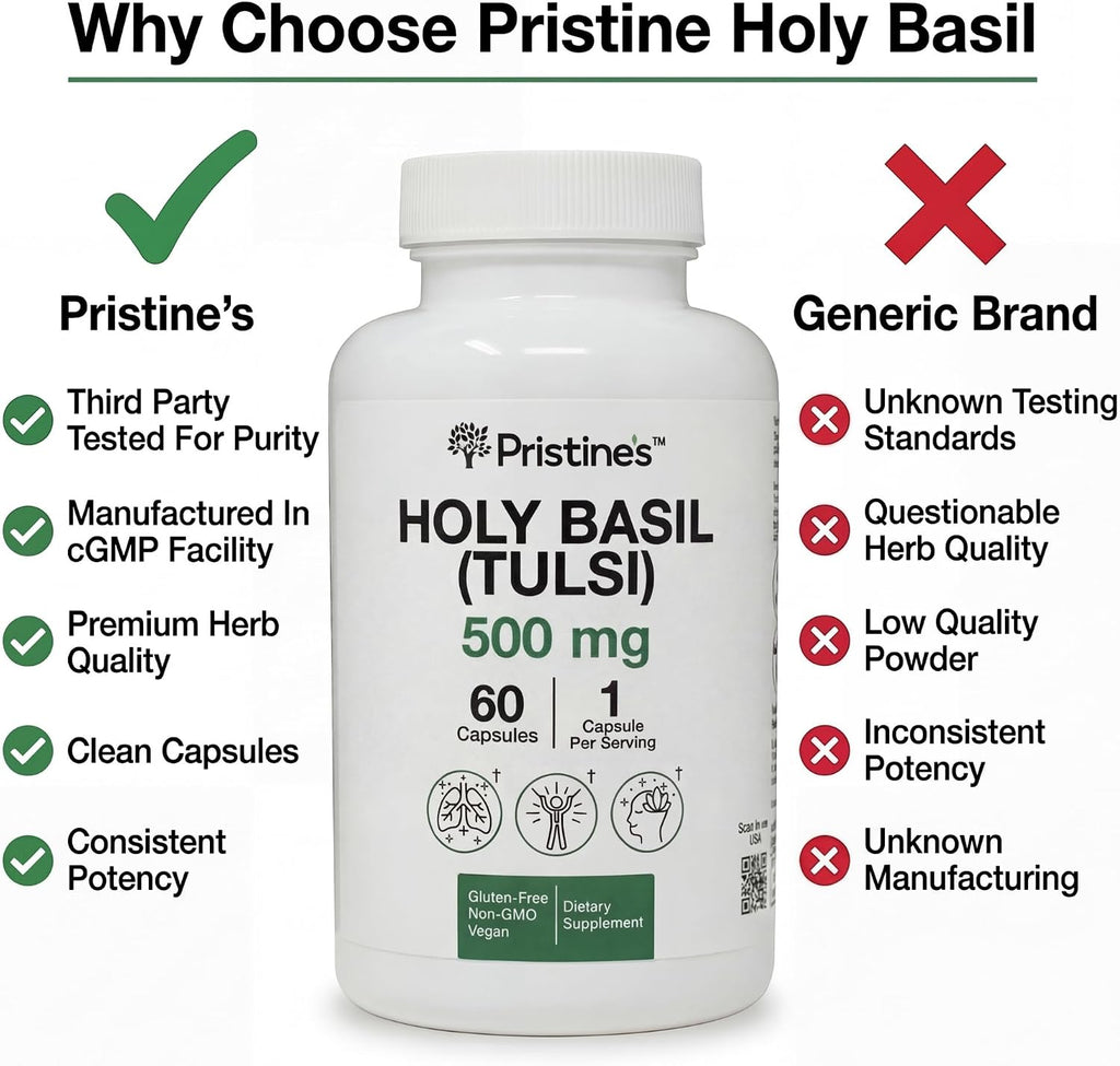 PRISTINE'S Holy Basil Tulsi 500mg Adaptogen Capsules, Vegan, 60 Day Supply | Calm and relaxation support in a simple Tulsi (holy basil) capsule routine. 60 day supply, vegan, non-GMO, gluten-free