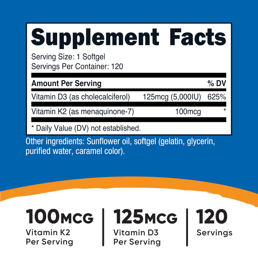 Nutricost Vitamin D3 + K2 (5000 IU D3 / 100mcg MK7), 120 Softgels – Gluten-Free & Non-GMO