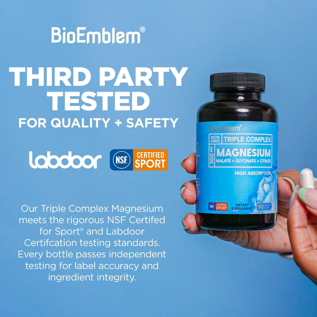 BioEmblem Triple Magnesium Complex | 300mg Magnesium Glycinate, Malate & Citrate | High Absorption Chelated Formula | Vegan, Non-GMO, Gluten-Free | 90 Capsules