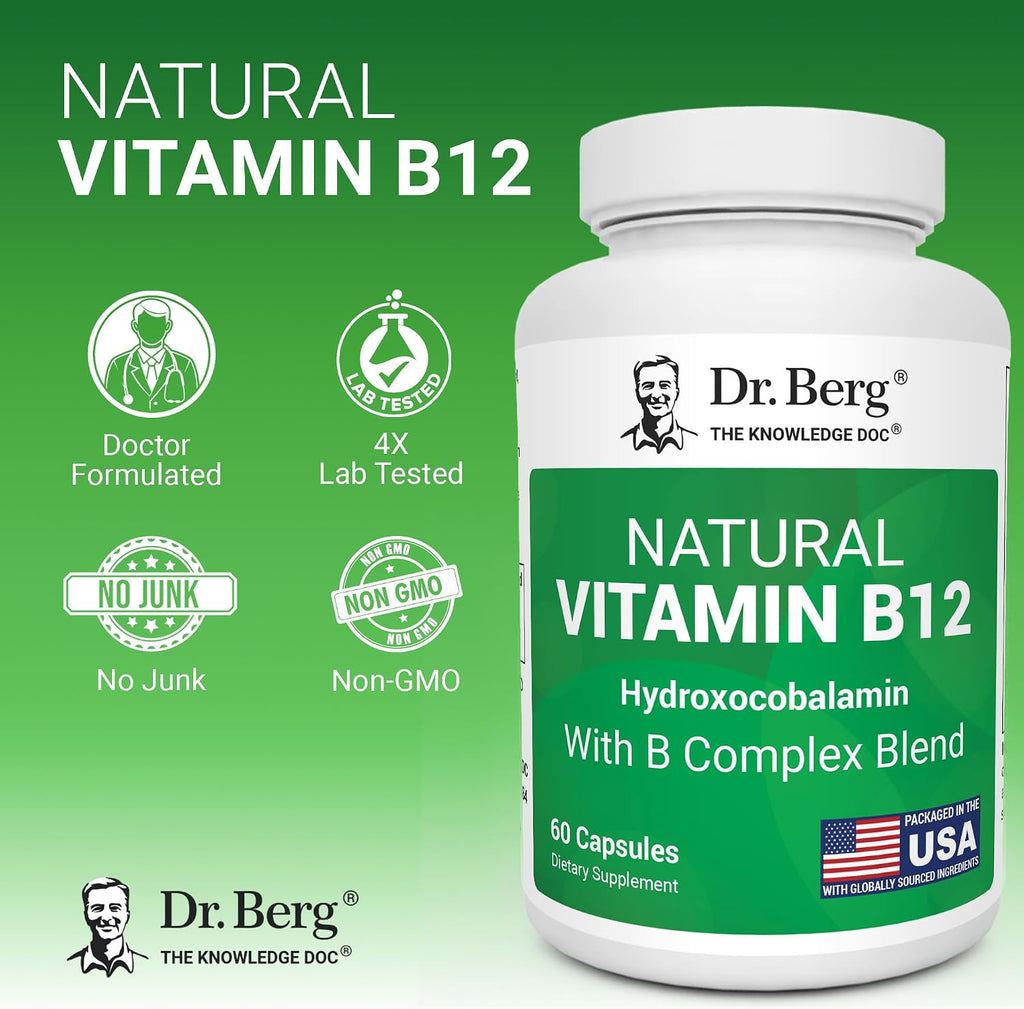 Dr. Berg Natural Vitamin B12 1000 mcg (Hydroxocobalamin) 60 Capsules – Energy, Brain & Nervous System Support* – w/B-Complex + Magnesium – 4X Lab Tested, GMO-Free, No Fillers
