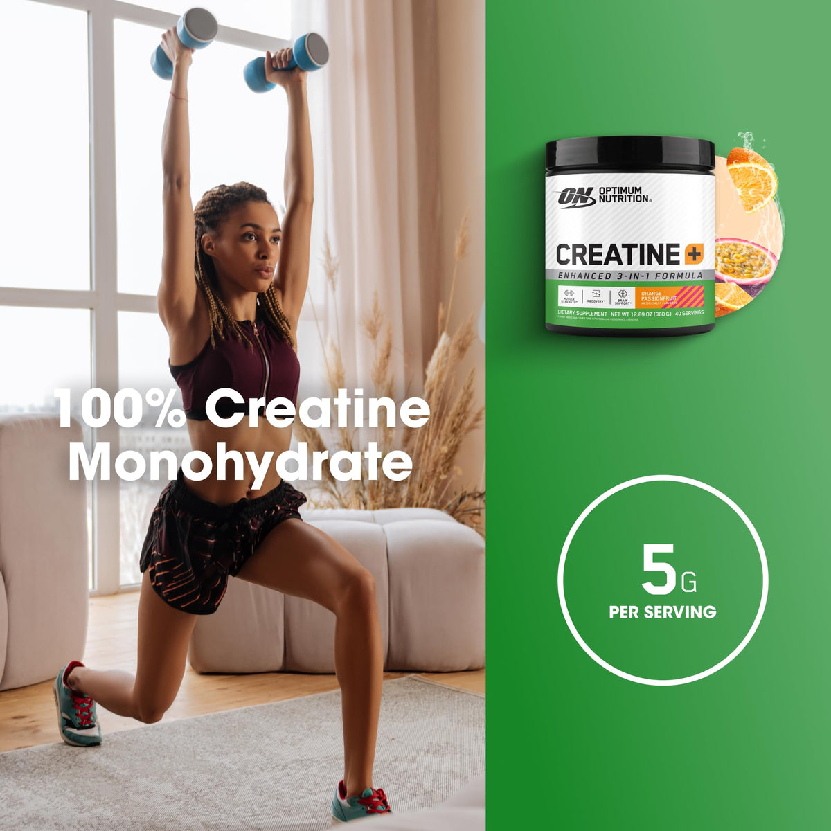 Optimum Nutrition Creatine Monohydrate Plus Powder, Orange Passionfruit Flavored Creatine Performance Blend With Electrolytes for Hydration, Added Vitamins, 40 Servings, 360 Grams (Packaging May Vary)