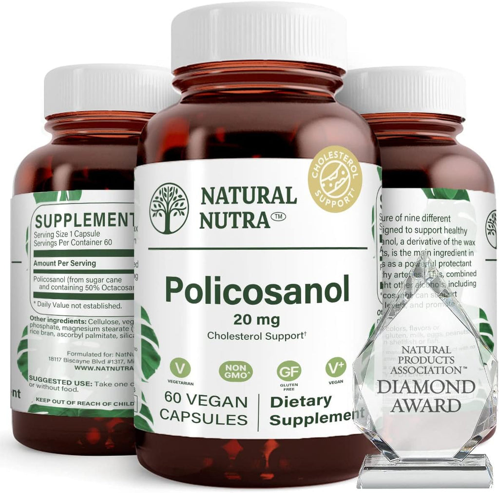Natural Nutra Policosanol 20mg with Octacosanol, Supplement, 60 Vegan Caps | Promotes Fluid Circulation, Improves Blood Circulation, Supports Maintaining Fat Level, Improves Cardiovascular Health