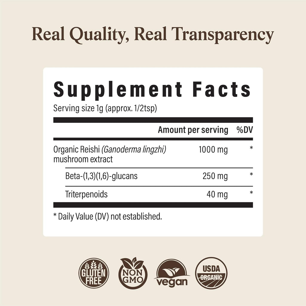 Real Mushrooms Reishi Mushroom Powder - Handpicked Organic Mushroom Extracts - Red Reishi for Tranquil Daily Wellness with Verified Beta Glucans Vegan, Non-GMO, No Grain Fillers, 100 Servings