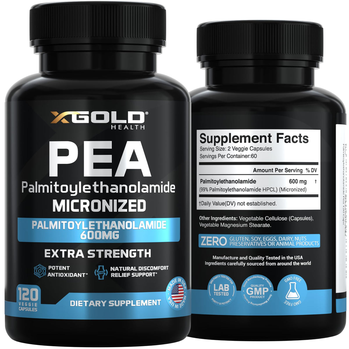 Palmitoylethanolamide Pea Supplement 600 mg | Micronized Pea 99% Highly Purified and Bioavailable | Made in USA | Supplement for Men and Women - 120 Capsules
