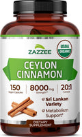 Zazzee USDA Organic Ceylon Cinnamon 20:1 Extract, 150 Vegan Capsules, 5 Month Supply, Sri Lankan Variety, Cinnamomum Verum, Antioxidant & Metabolic Support, All-Natural, Non-GMO, Made in the USA
