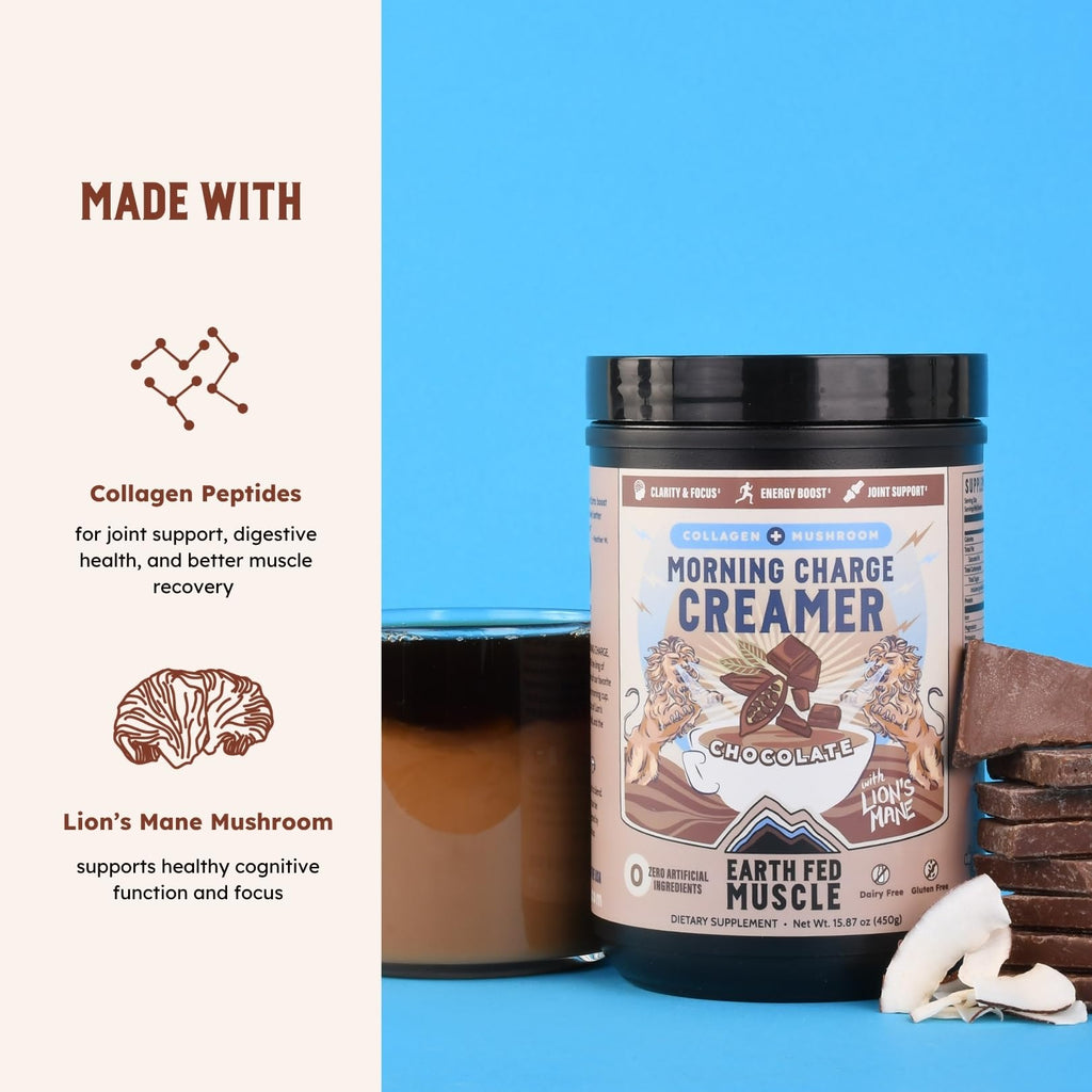 Earth Fed Muscle Vanilla Protein Coffee Creamer Powder, 24 Servings | Collagen Peptides, Lion's Mane, Coconut Milk, Non-Dairy, Morning Charge - Focus + Joint Support