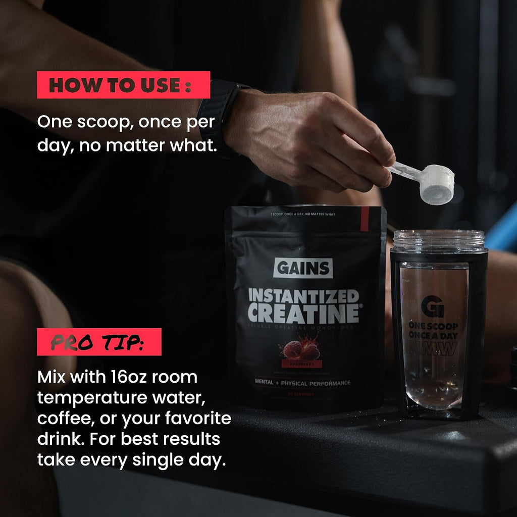 Gains in Bulk Intantized Creatine Bundle, Soluble Pre Workout Powder, Supports Muscle Building, Strength and Performance, Unflavored and Raspberry, 60 Servings