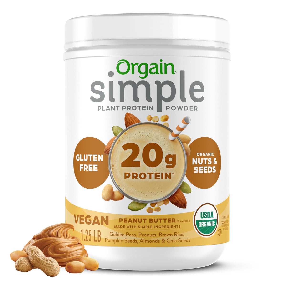 Orgain Organic Simple Vegan Protein Powder, Peanut Butter - 20g Plant Based Protein, With less Ingredients, No Artificial Sweeteners, Gluten Free, No Dairy or Lactose, 1.25 lb (Packaging May Vary)