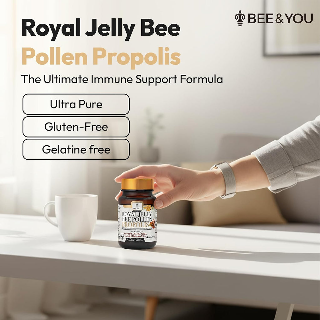 Bee and You Royal Jelly Tablet, Propolis Extract, Bee Pollen, 100% Natural Superfood, Ultra Pure, Immune Support Supplement, Improve Energy, Focus, Antioxidants, Fresh, Keto, Paleo, Gluten-Free | 60ct